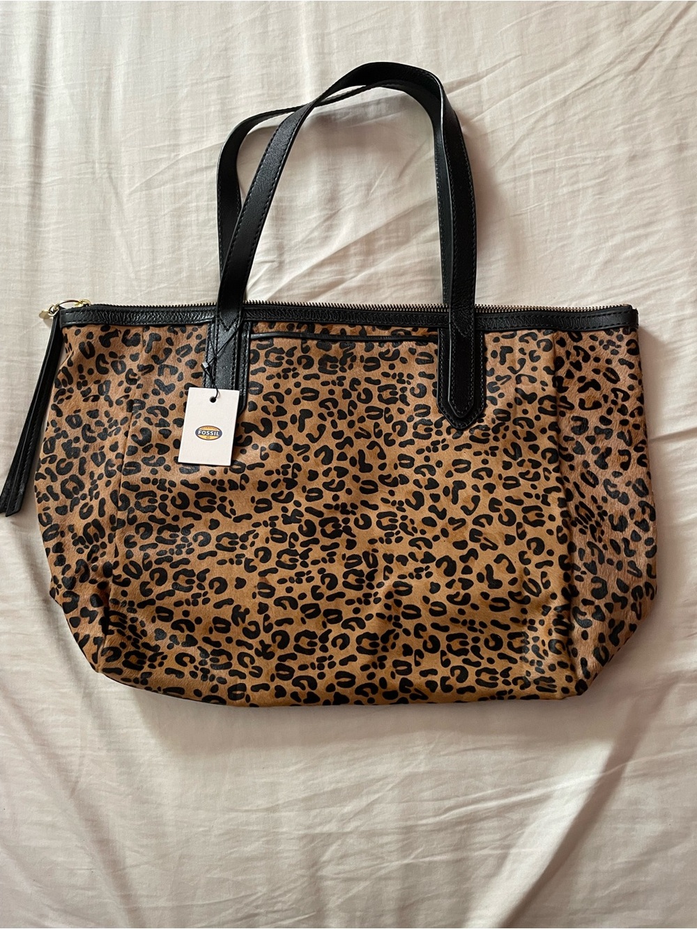 Fossil Leopard Print Tote with Black Trim